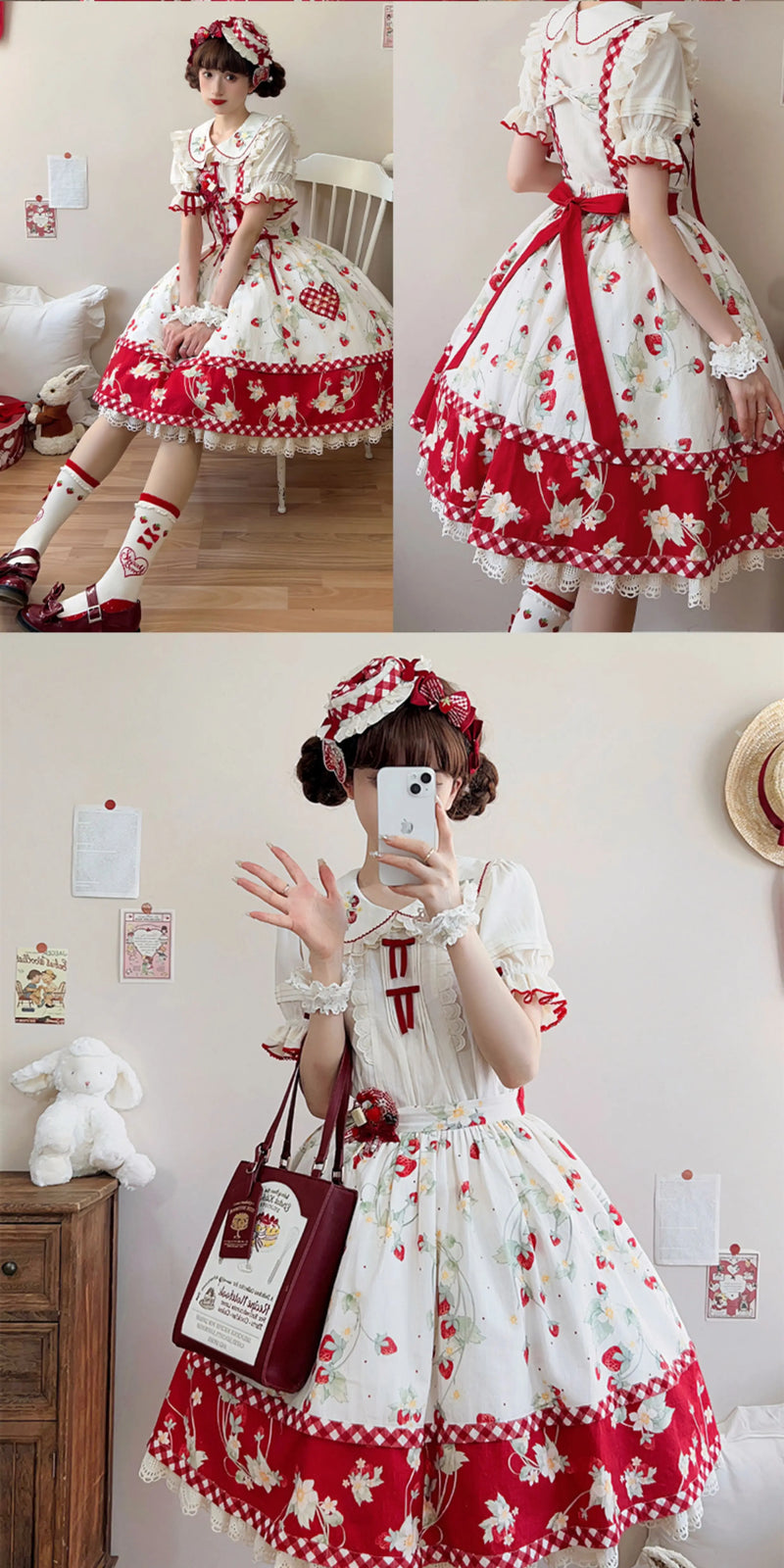 Baozi Pig - Strawberry Orchard - Short-Sleeve Lolita Blouse with a Strawberry-Embroidered Collar