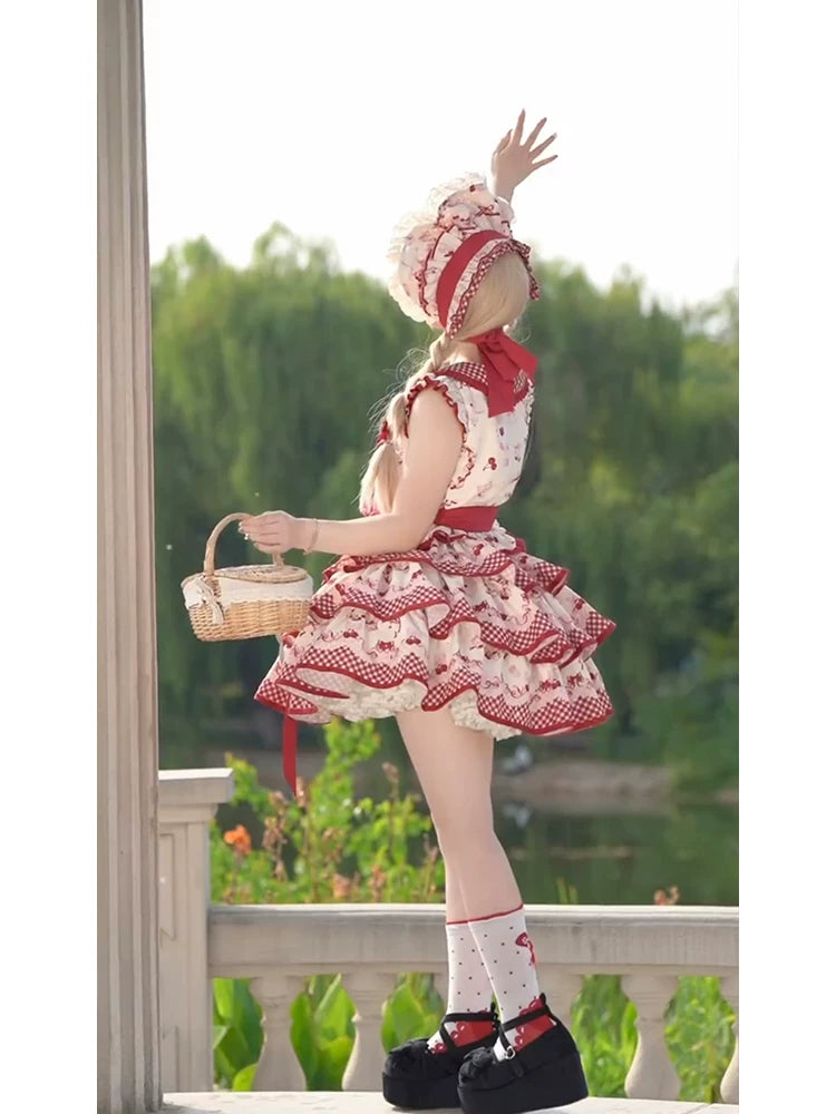 Dream Bunny - The Cherries Are Ripe - Cherry-Print Lolita Fashion Set with Gingham Ruffles