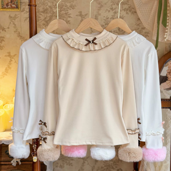 Coffee, pink and white long-sleeve Lolita inner tops with ruffled collars on hangers