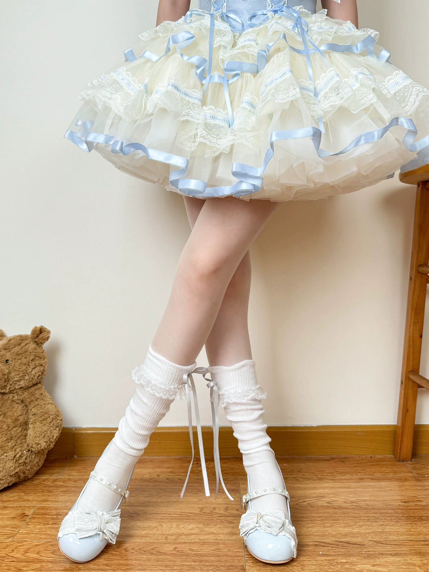 Chubby Bear Tales - Cream Ballet - Lightweight Calf Scrunch Socks with Lace Cuffs