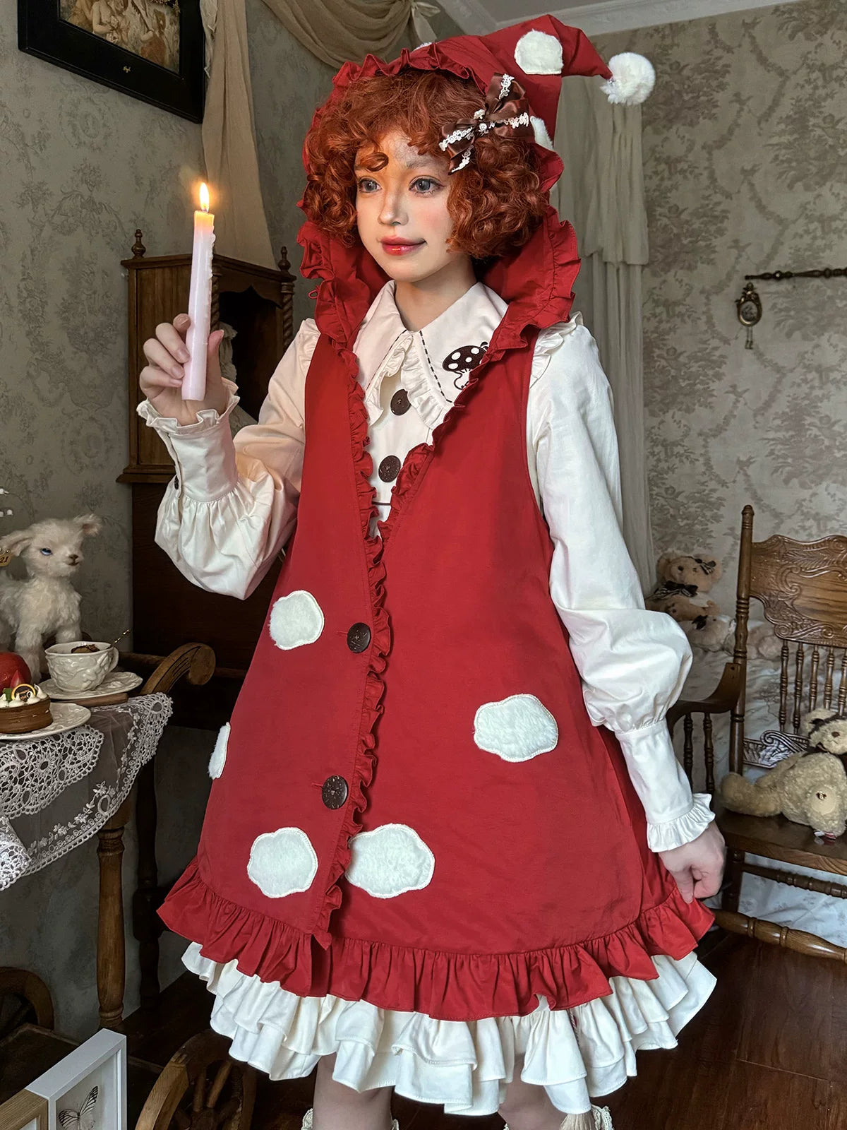 Baozi Pig - Mushroom Forest - Padded Red Outerwear Vest with Ruffle Hem and Inner-Layer Options