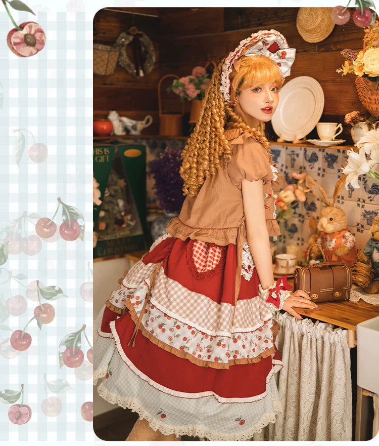 Baozi Pig - Cherry Pastoral - Red OP Dress with Cherry Print