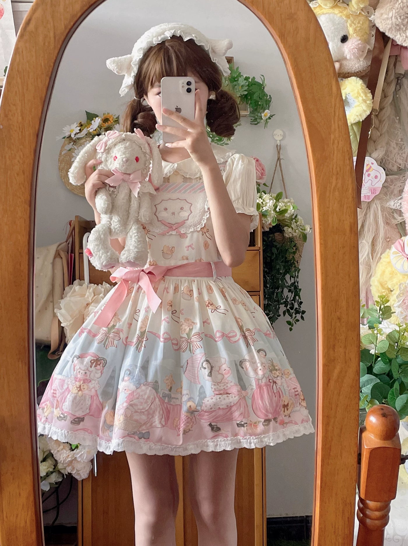 Cat Upon Cat - Sheep Waltz - Printed JSK with a Lace-Trimmed Hem