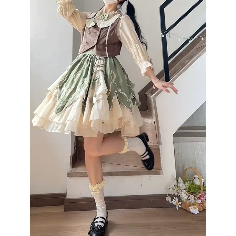Creamy - Garden Picnic - Vest, Shirt and Short Skirt Set with a Buttoned Vest