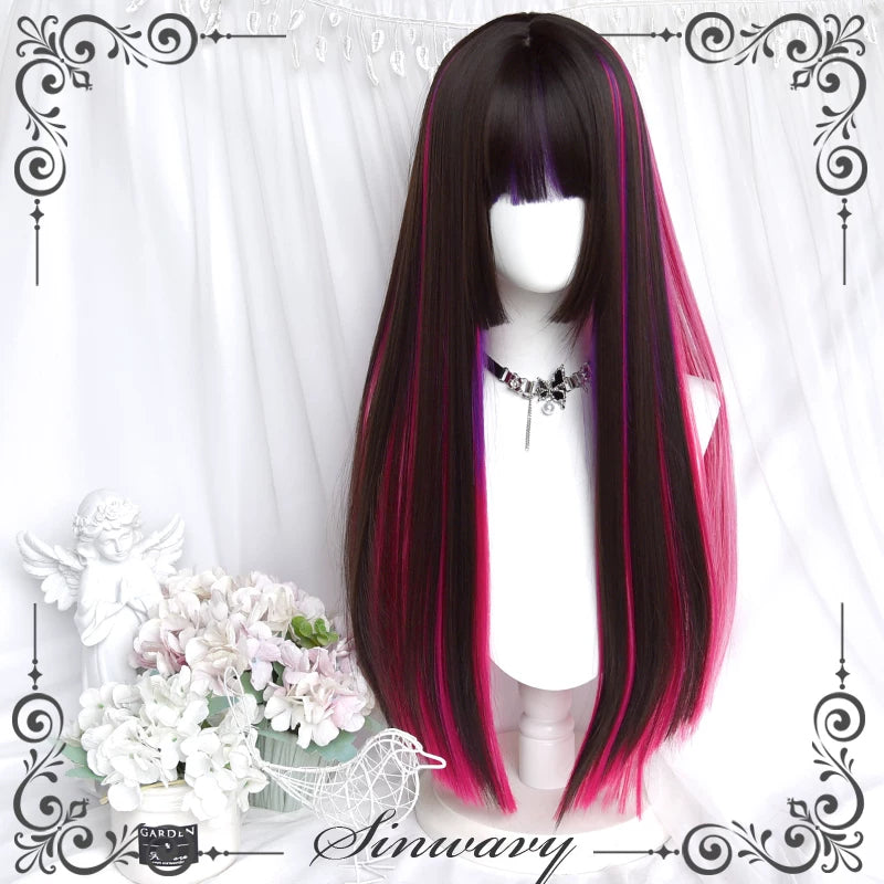 Black-brown hime wig with magenta-purple highlights - view 6