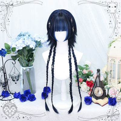 Dalao Home - Moon Night - Lolita Highlights Bang Short Wigs Black-blue(braid)