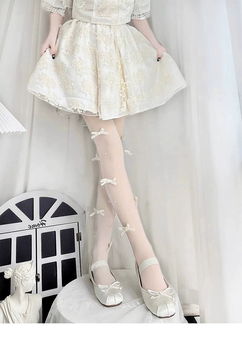 Floral Milk Cat - Ribbon Bow Sheer - Snag-Resistant Pantyhose with Ribbon Bows