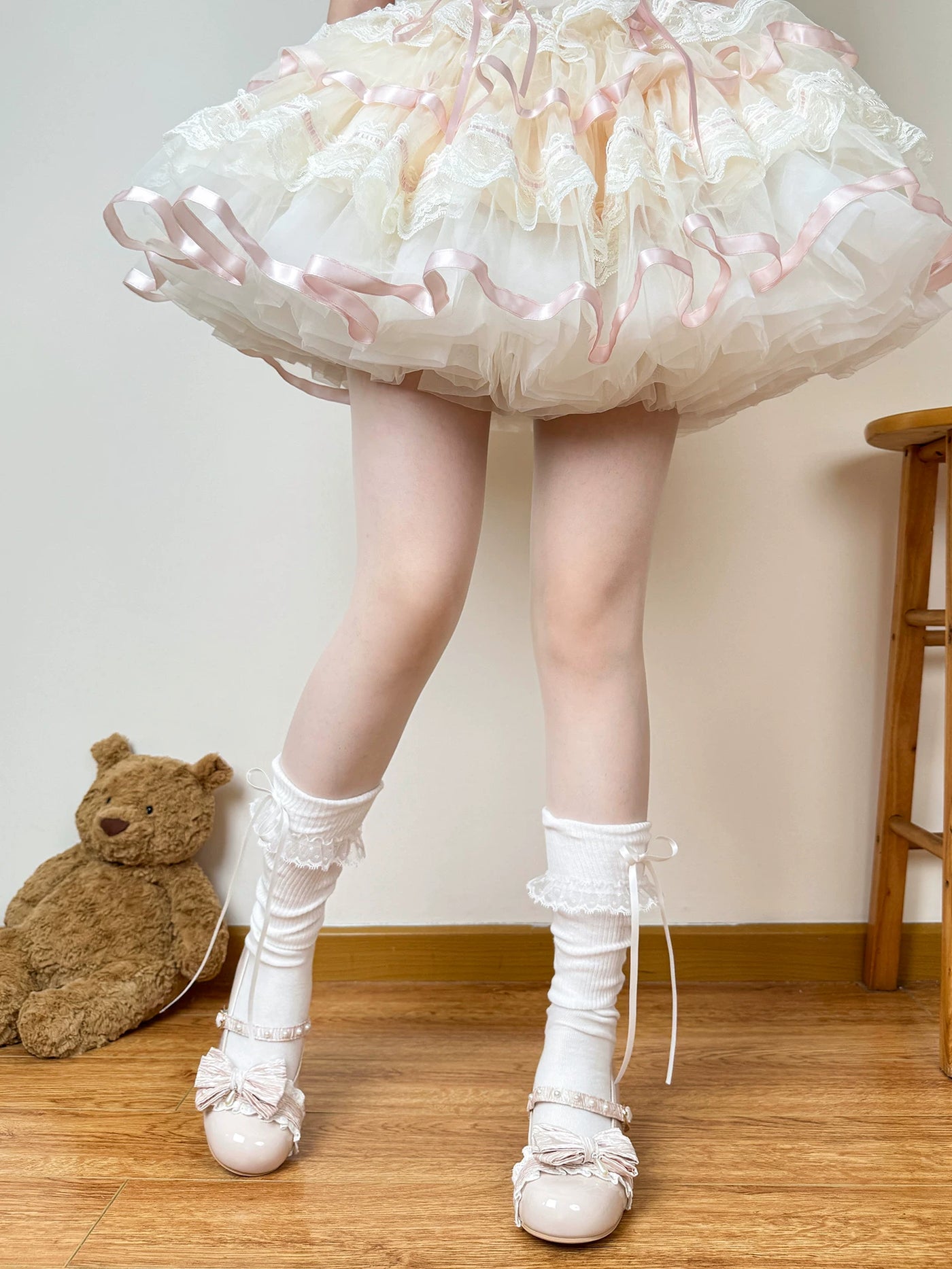 Chubby Bear Tales - Cream Ballet - Thin Scrunch Socks with Ribbon Bows