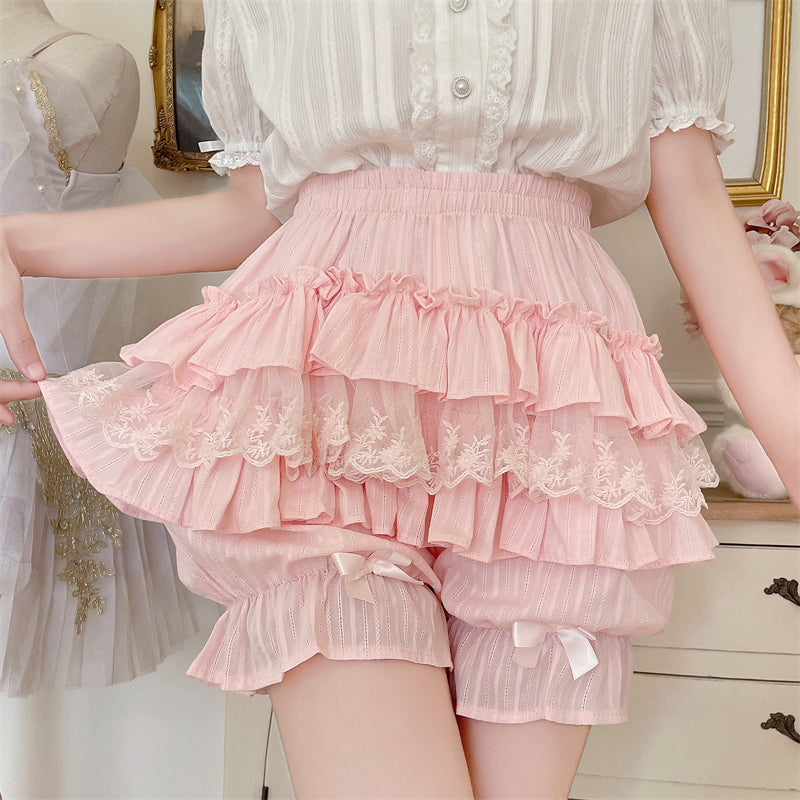 Cotton Sweet Lolita Bloomers, Tiered Ruffle Pink One Size
