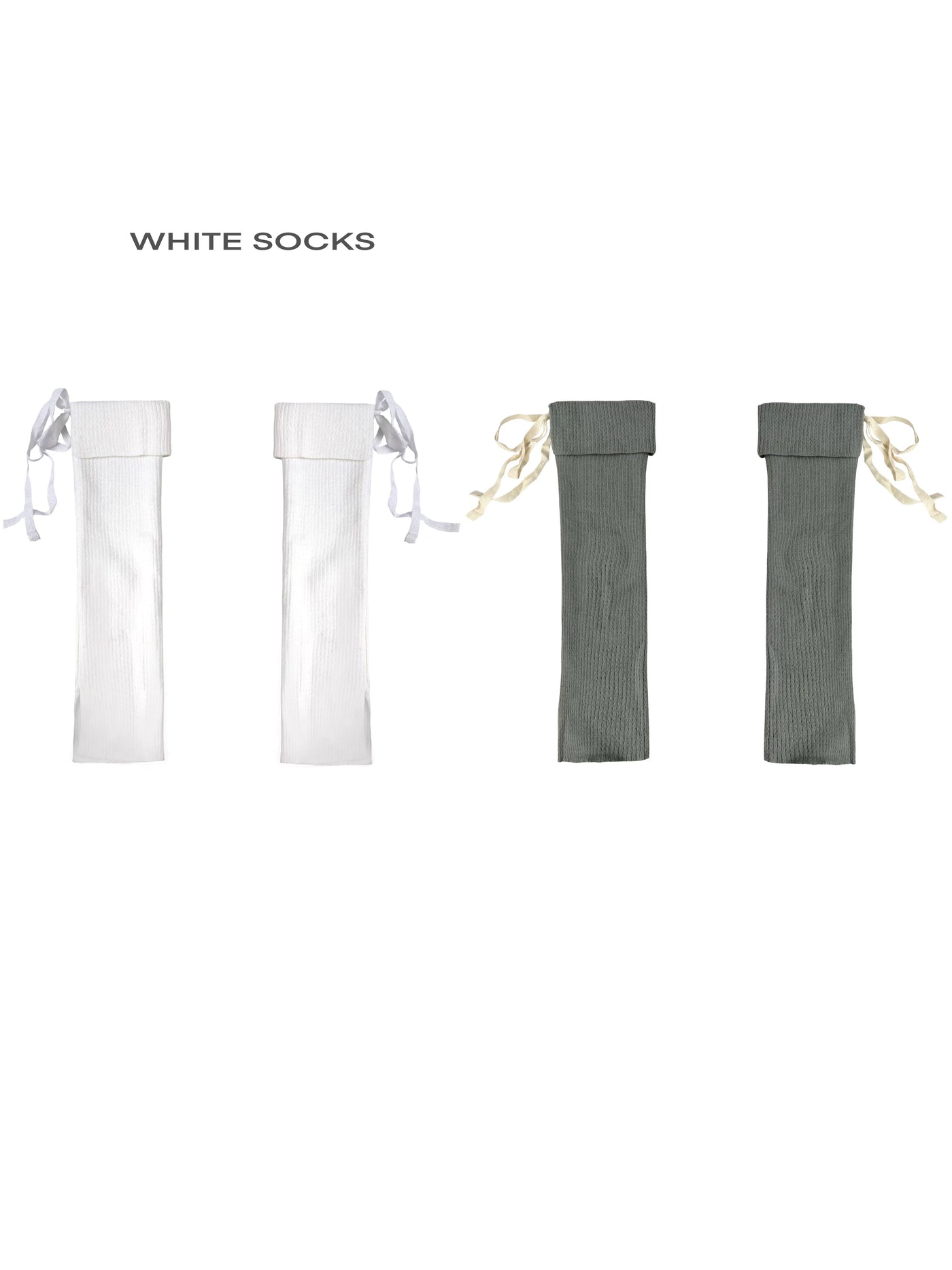 White Socks - Ballet Ribbon - Rib-Knit Calf Socks with Folded Cuffs and Ribbon Ties