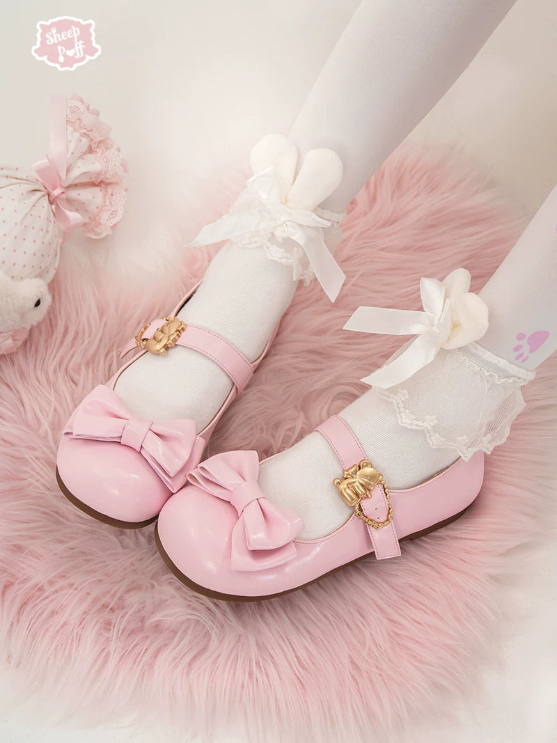 Sheep Puff soft sole hugging bear low heel Lolita shoes featuring adorable bear design and comfortable cushioning.