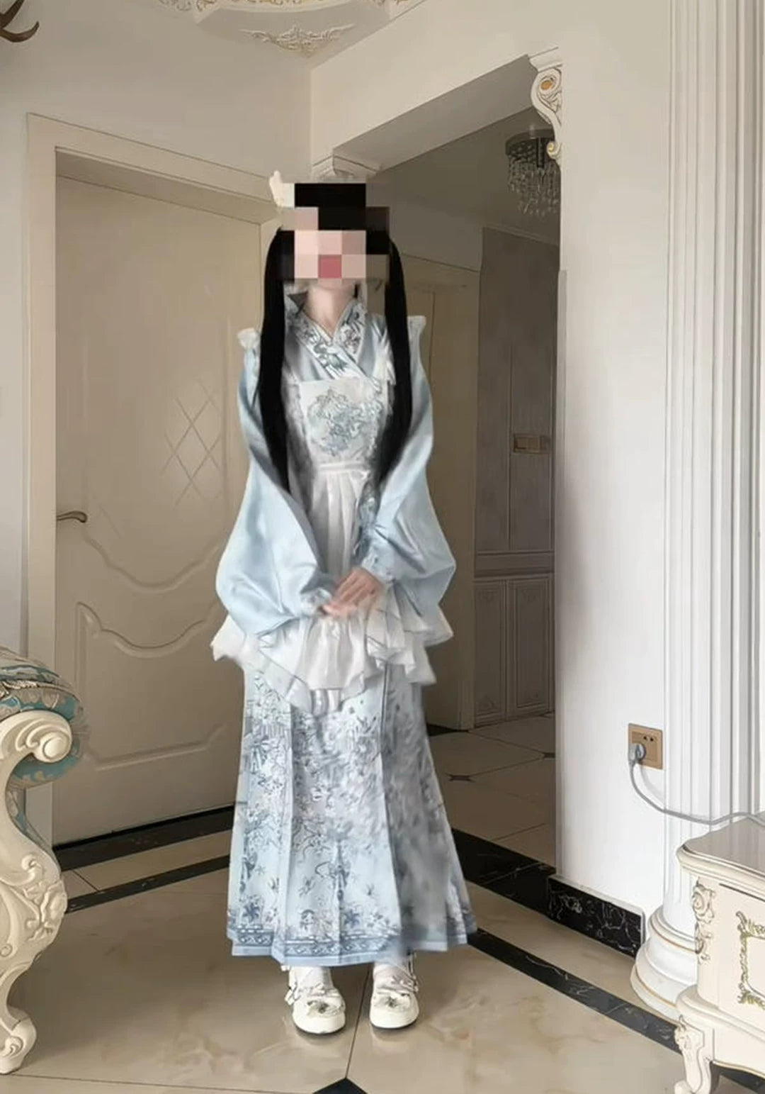 Creamy - Blue Han-Yang Fusion - Hanfu Outfit Set with a cross-collar top and embroidered overskirt
