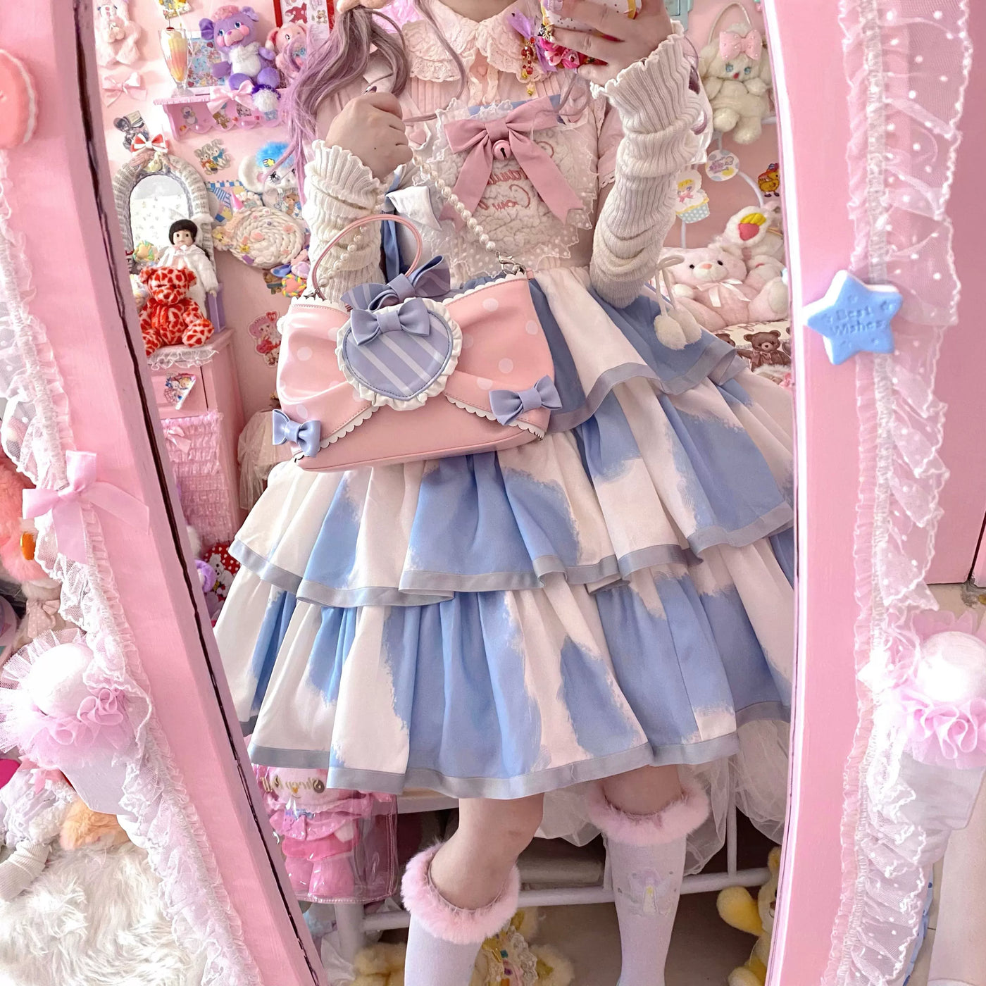 Tata Long Ear - Milk Cake Cow Print - Cow-Print JSK Dress with Three-Section Skirt