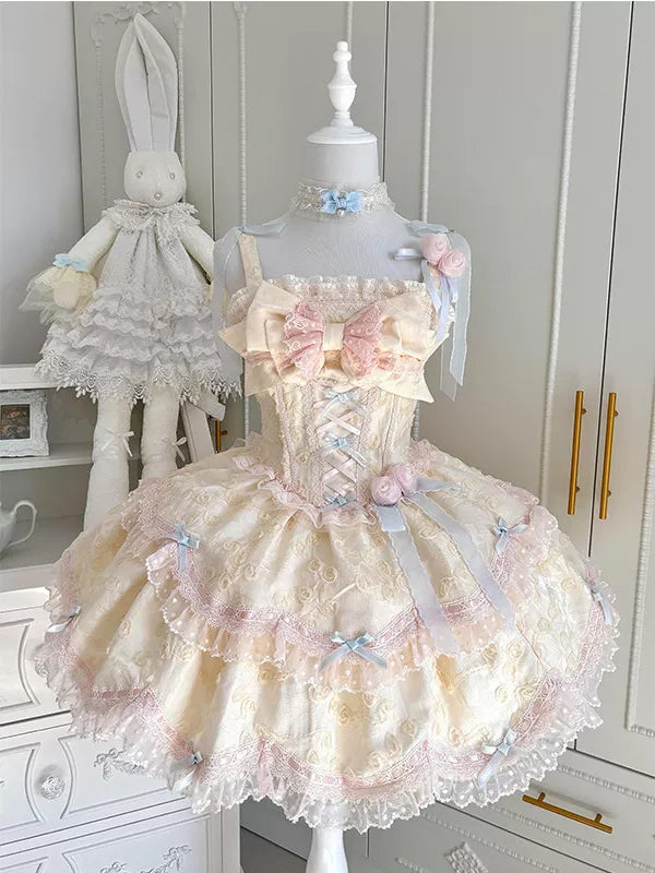 Creamy - Candy Apricot Ballet - Dreamlike One-Piece Dress with Layered Ruffles
