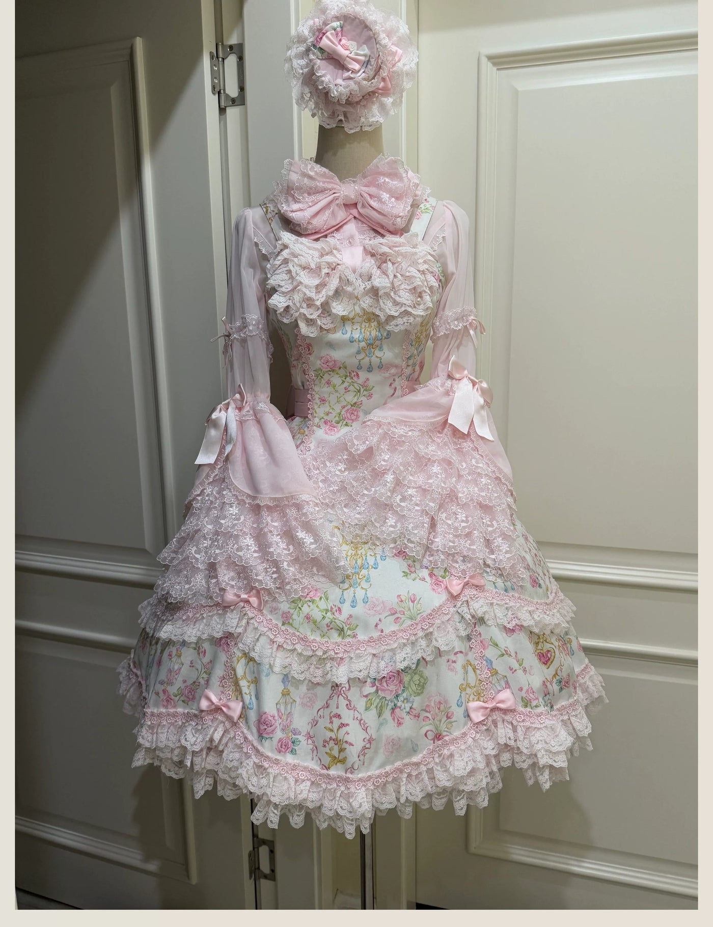Tata Long Ear - Spring 2025 Floral Wall - Floral Print JSK Dress with Layered Lace Ruffles