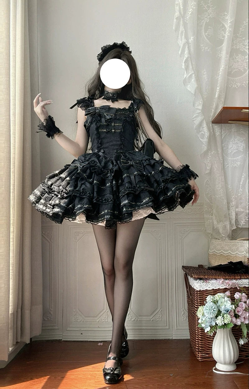 Creamy - Black Ballet - Black One-Piece Dress Set with Tiered Lace Ruffles