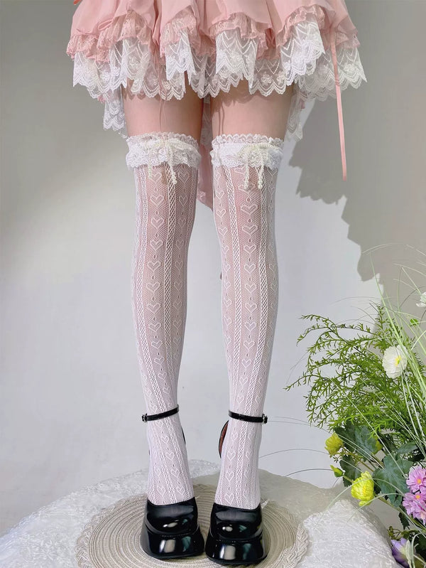 White Sweet Lolita over-the-knee socks with heart pattern, scalloped lace trim and faux pearl bow