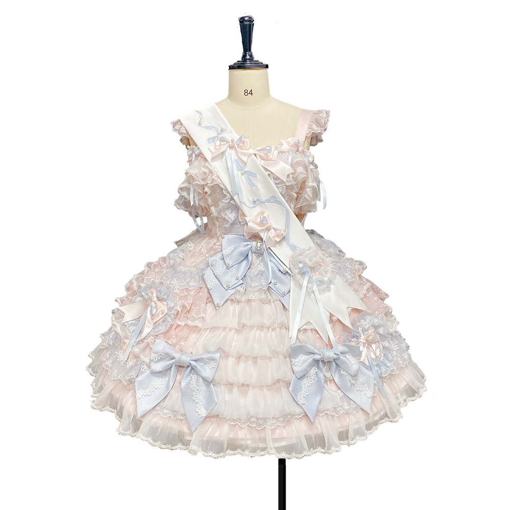 Mist-pink JSK dress with layered lace and pale blue bows