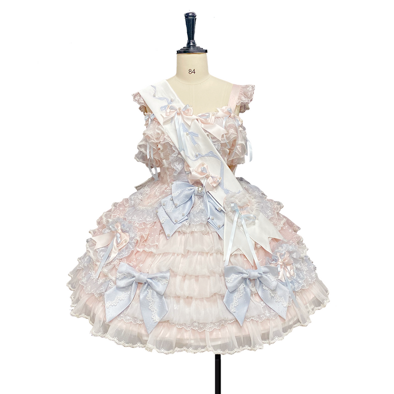 Mist-pink JSK dress with layered lace and pale blue bows