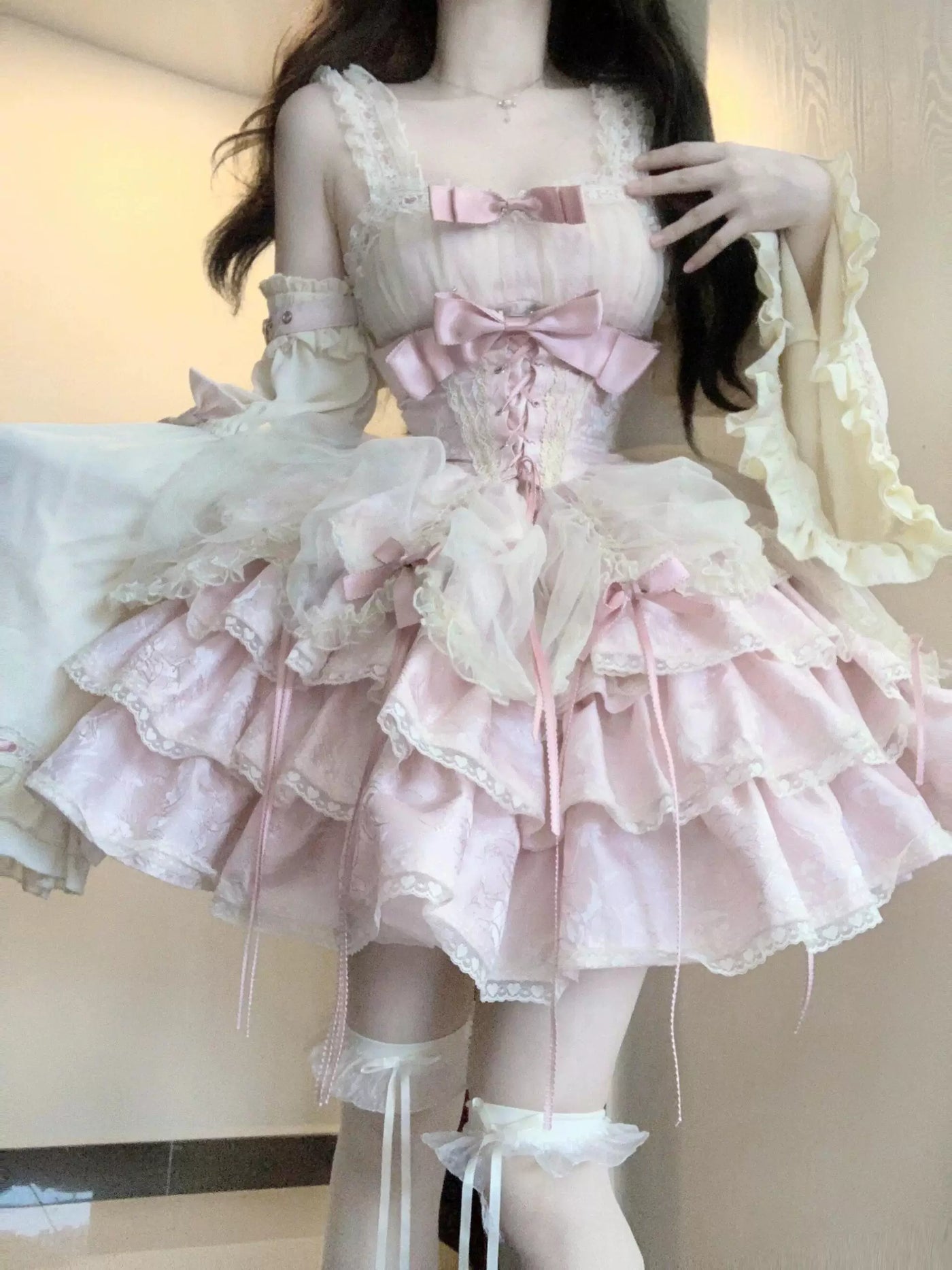 Creamy - Pink Ribbon Lace - Pink JSK with Lace Bows