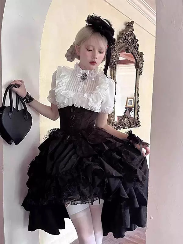 Creamy gothic Lolita white ruffled blouse and black suspender skirt set