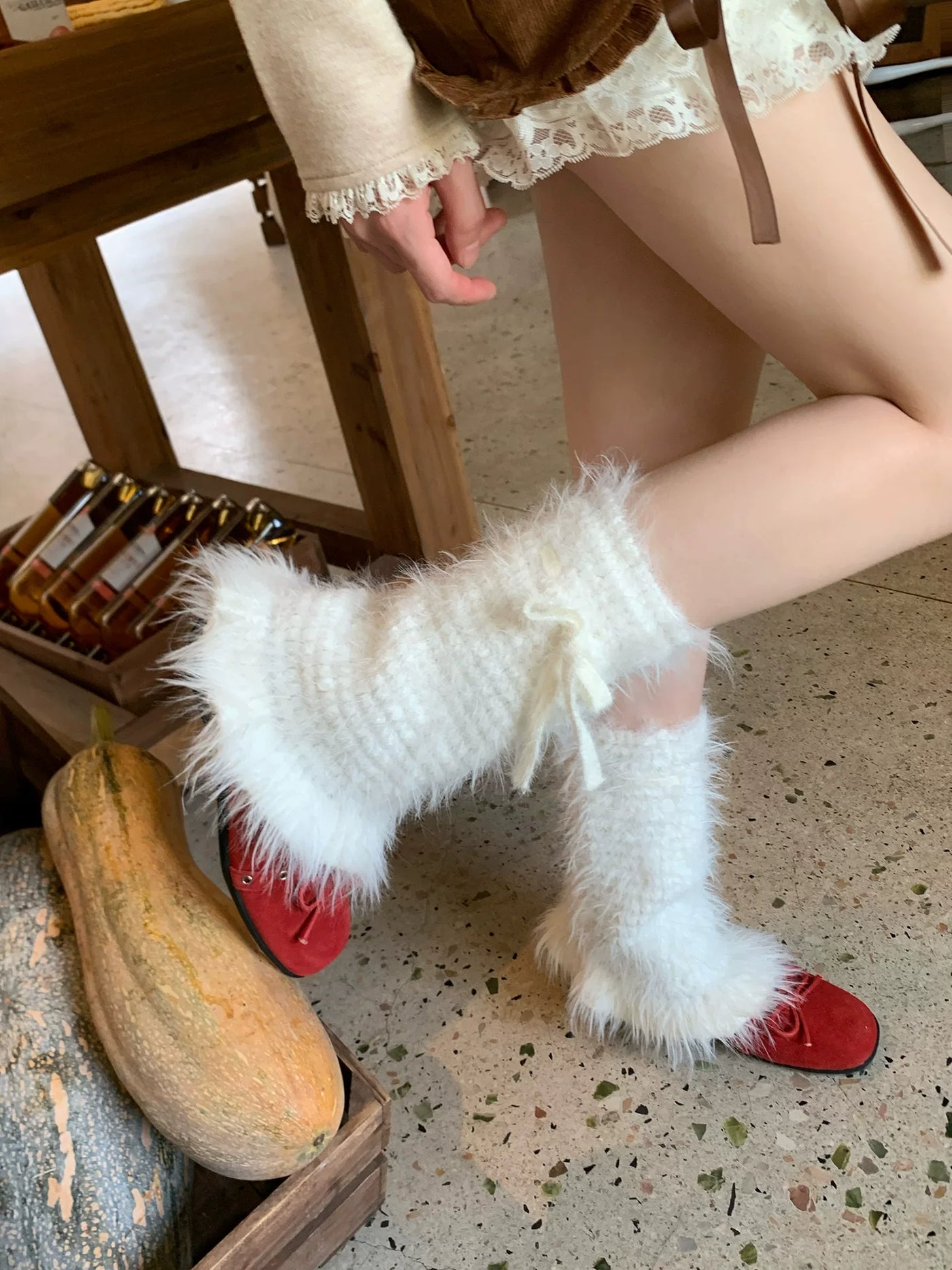 Fantasy Doll - Winter Bow Plush - Plush Mid-Calf Leg Warmers with Tie Bows