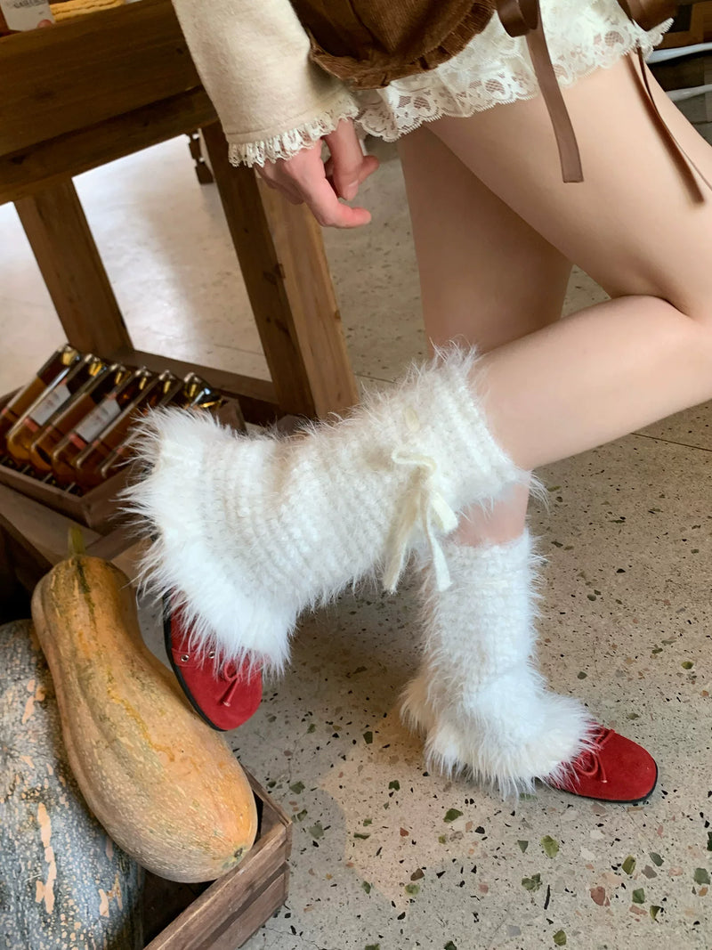 Fantasy Doll - Winter Bow Plush - Plush Mid-Calf Leg Warmers with Tie Bows