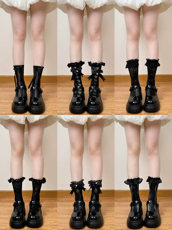 Black lace socks shown across multiple views with ruffled cuffs and bow accents.