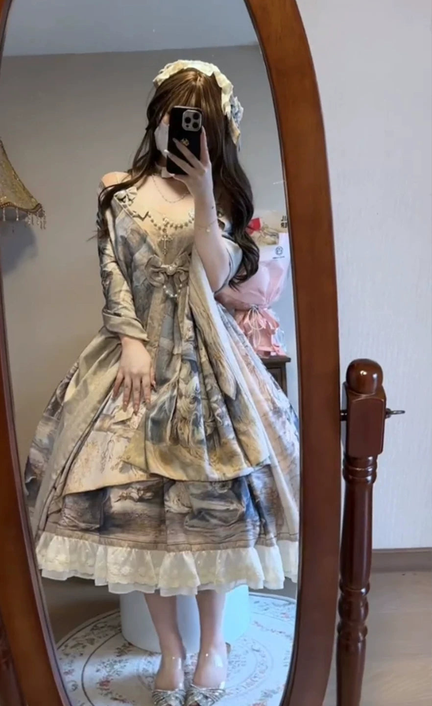Creamy - Oil Painting - Vintage Painting-Style JSK Dress with Shawl