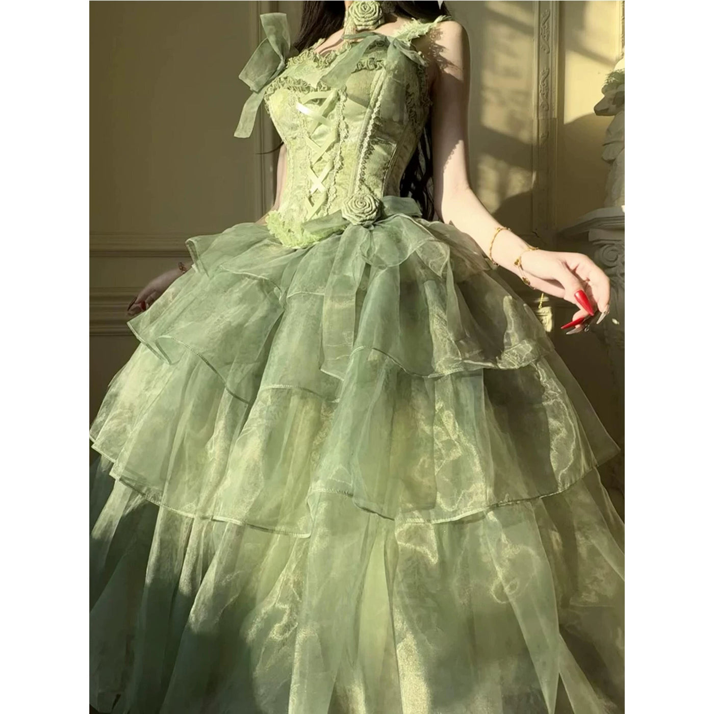 Creamy - Green Wisteria - Tiered Sheer Gown with a Fitted Bodice