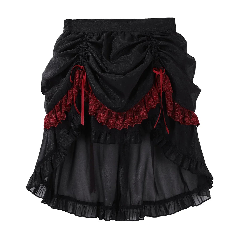 Black Gothic Lolita camisole and layered skirt components with red trim