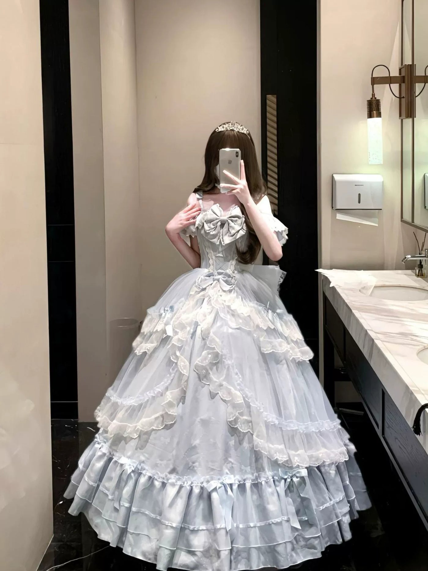 Emoji Dream - Sweet Lolita Gown - Pale blue off-shoulder floor-length