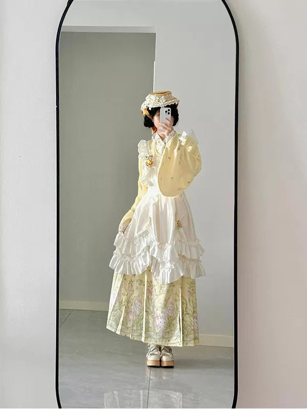 Creamy - Hanfu Fusion - Yellow Top and Mamian Skirt Set with Pipa Sleeves