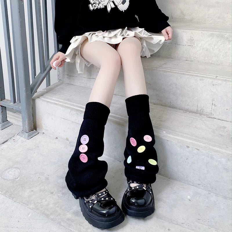 Floral Milk Cat - Buttoned Slouch - Leg Warmers with Button and Plain-Knit Styles