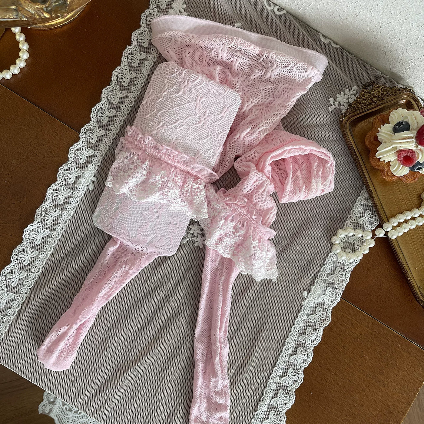 Sock Noble - Barbie Pink - Tights, Sock Covers or Clip Ring with Layered Lace and Bows