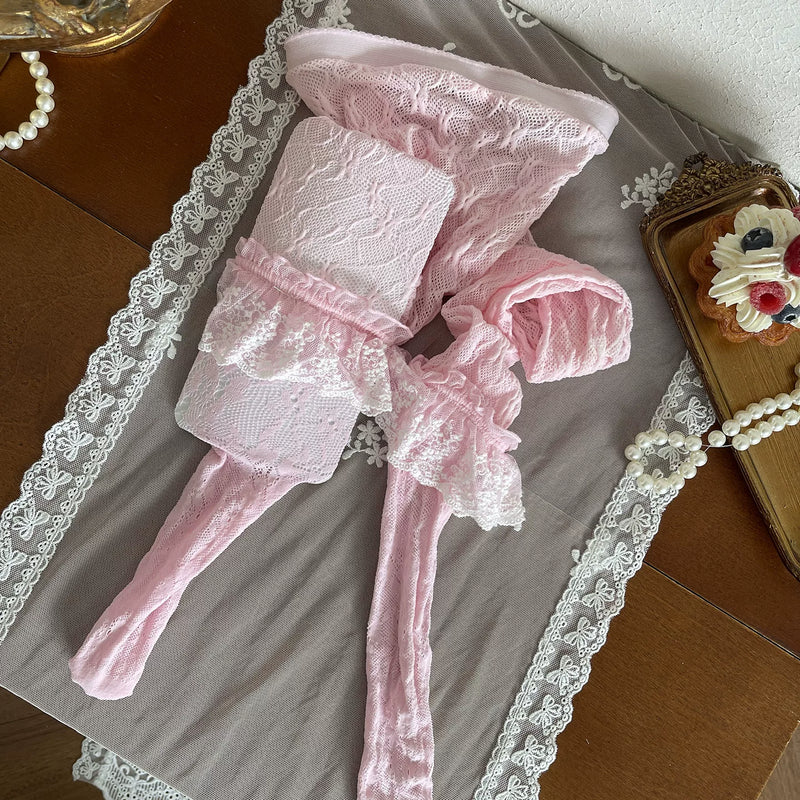 Sock Noble - Barbie Pink - Tights, Sock Covers or Clip Ring with Layered Lace and Bows