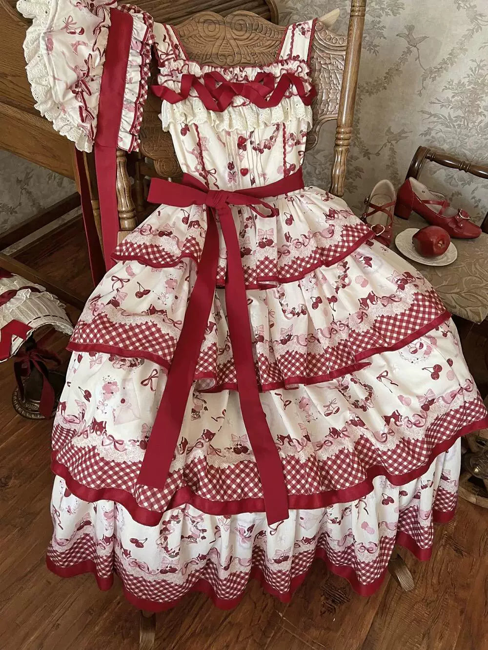 Dream Bunny - The Cherries Are Ripe - Cherry-Print Lolita Fashion Set with Gingham Ruffles