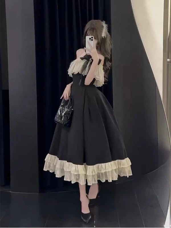Creamy - Black-and-White Heiress - Black-and-White One-Piece Dress with Ruffled Trim