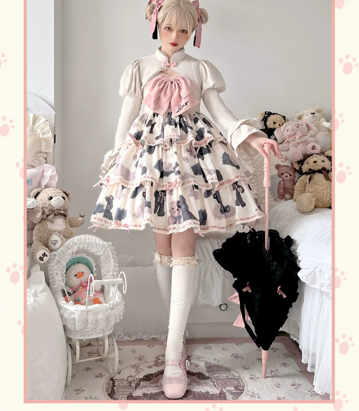 Baozi Pig - Bopi Bear - Three-Tier JSK Dress with Bear-and-Heart Motifs