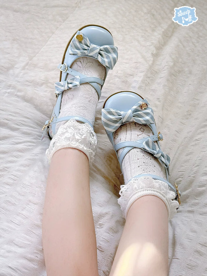 Sheep Puff Candy Tea 2.0 low heel Lolita shoes in pastel with puff candy design, featuring a rounded toe and decorative bows.