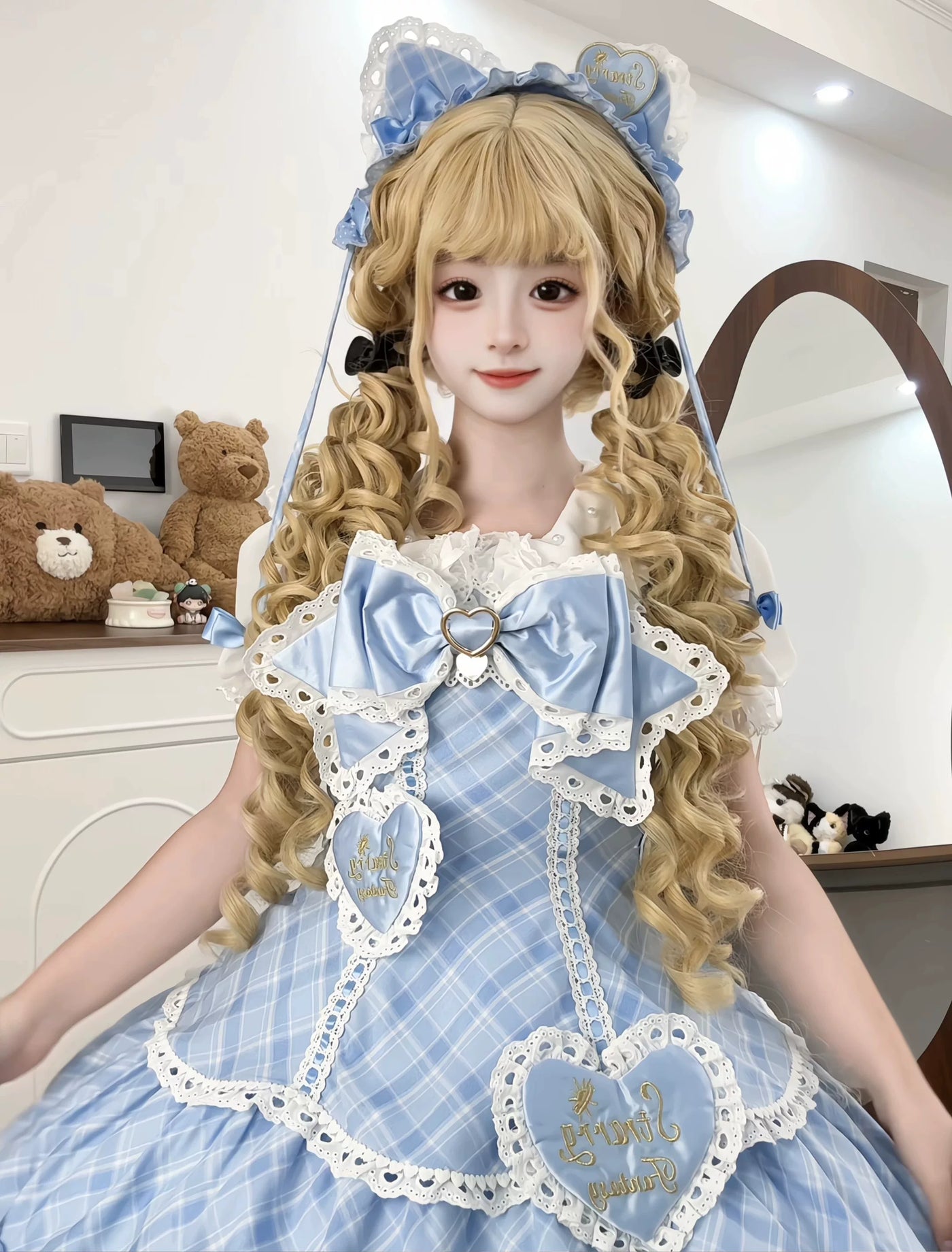 Star Fantasy - Shibuya Sweetheart - Plaid OP/JSK Dress Set with Lace Bunny-Ear Headwear