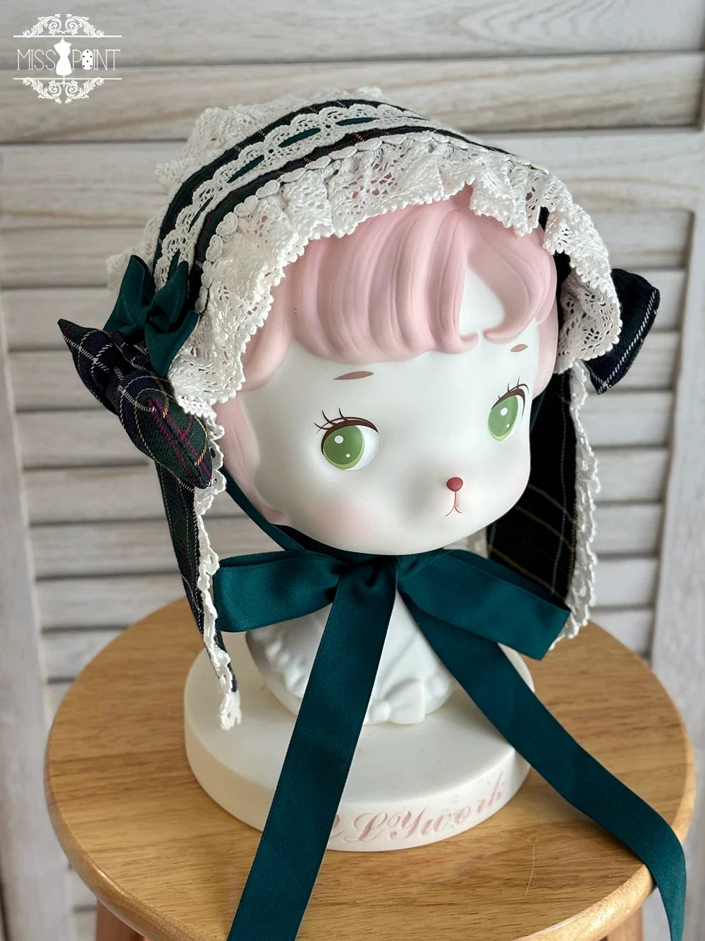 Plaid Petal Bunny - Old School Lolita Bunny Ear Headdress, Bear Ear Apron Green Plaid - Hairband Only