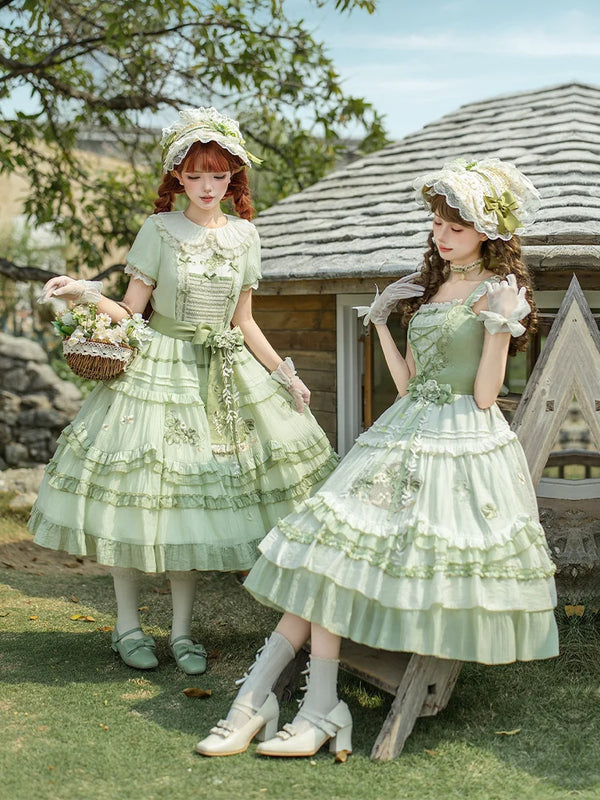 With PUJI - Green Grape - Embroidered Country Lolita OP Dress, Tiered JSK product view