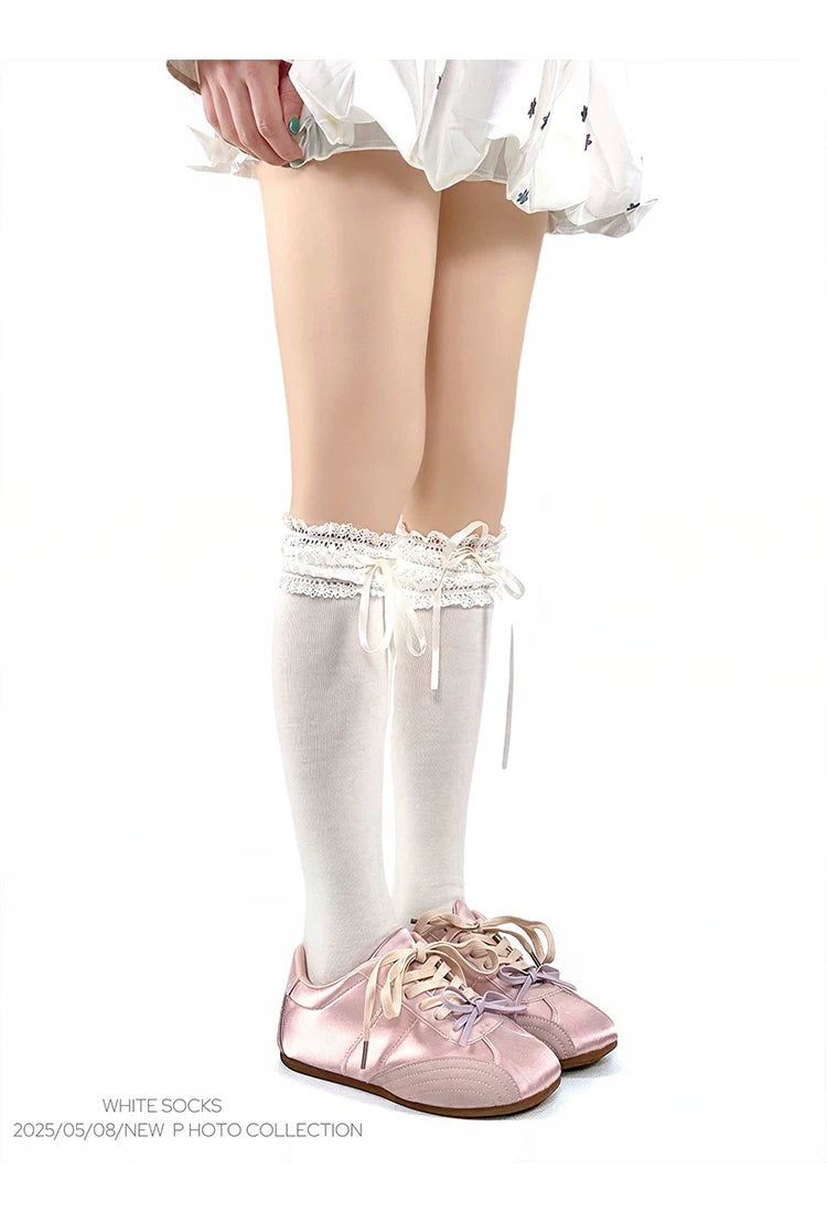 White Socks - Ribbon Ballet - Lace-Trim Slouch Socks with Ribbon Ties