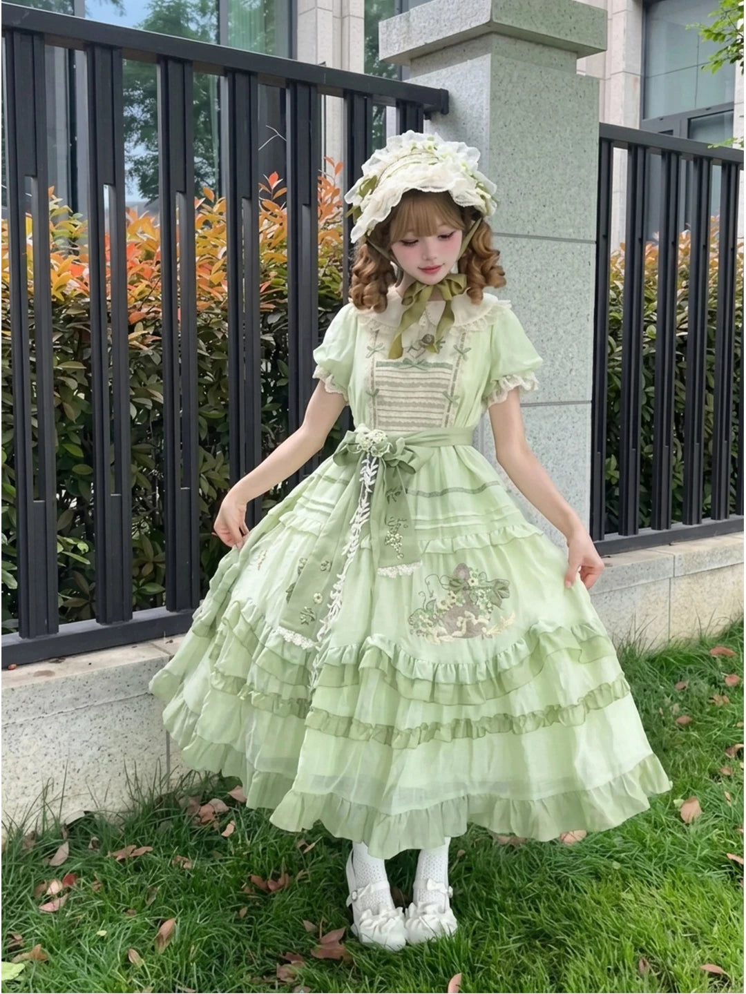 Creamy - Green Grape Embroidery - OP Dress with Full Skirt and Belt