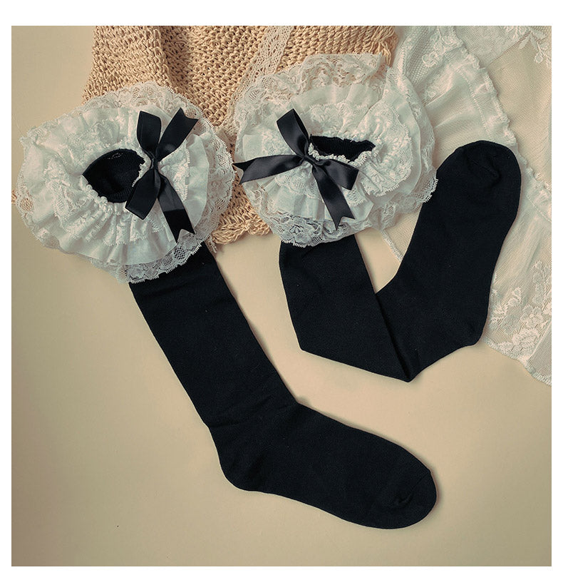 WAGUIR - Cotton Lolita Bow Socks with - Layered Lace Trim Socks