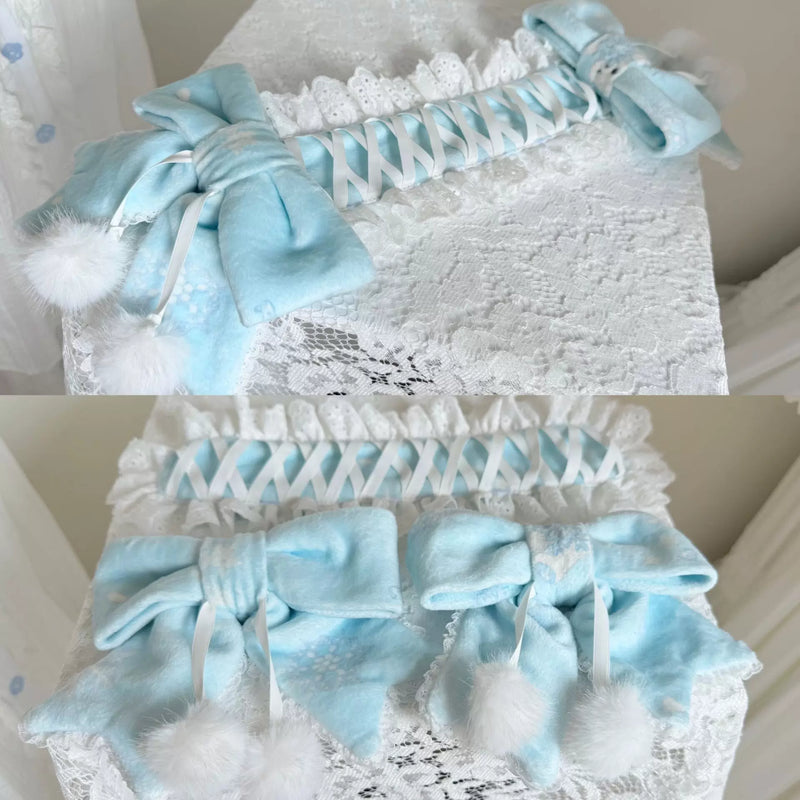 Winter Plush Lolita Headband, Bonnet & Embroidery Options — Light Blue Gradient Convertible Headdress / Hair Clips