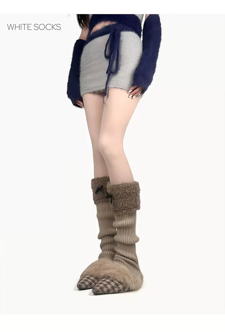 White Socks - Fleece Bow - Stirrup Knit Leg Warmers with Fleece Cuffs