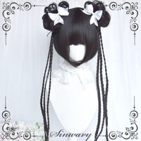 Sinwavy - Bubblegum - Chinese-style bob wig with clip-on twin ponytails - Natural Black Bob + Flower Bun Set