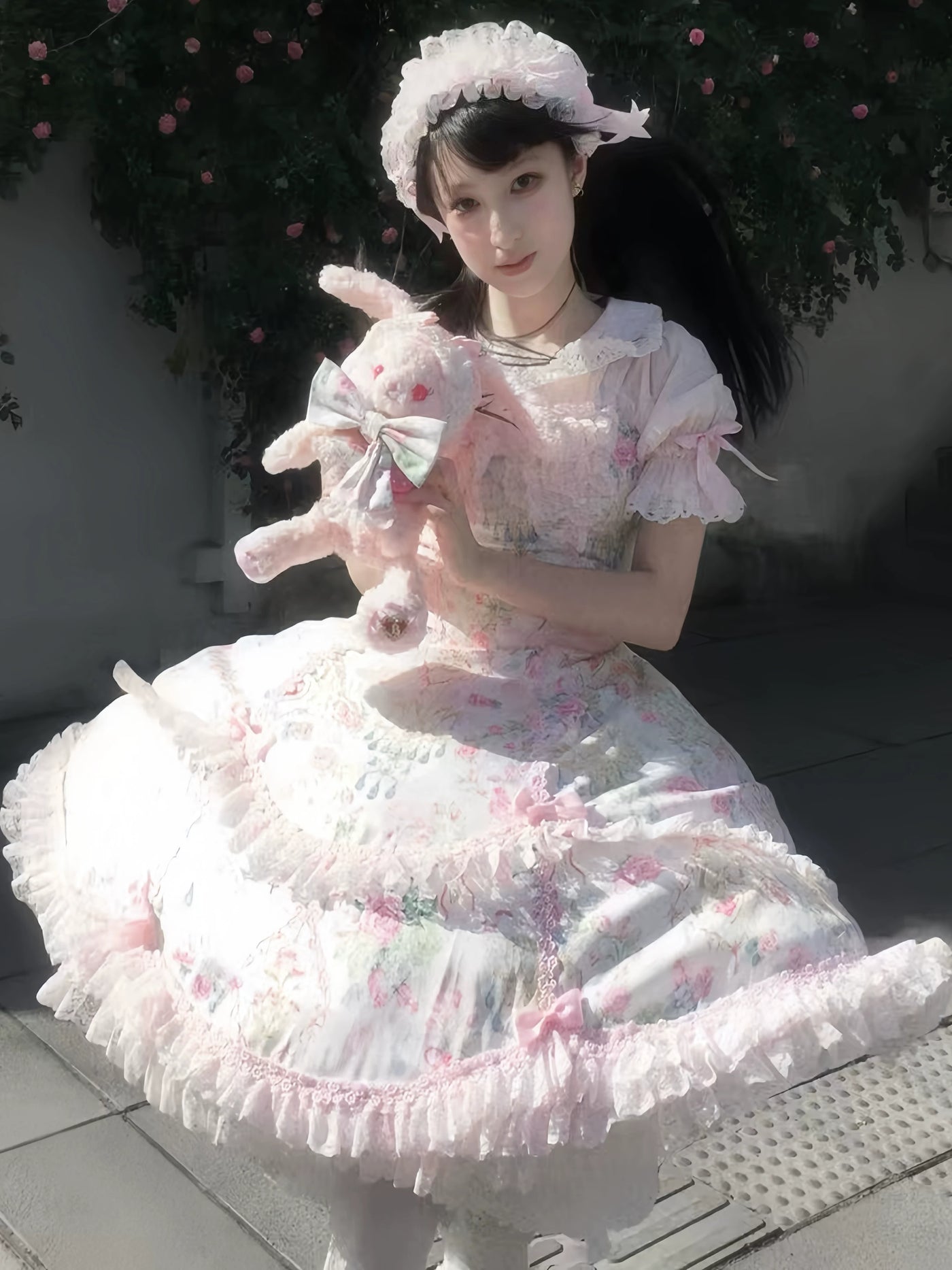 Tata Long Ear - Spring 2025 Floral Wall - Floral Print JSK Dress with Layered Lace Ruffles